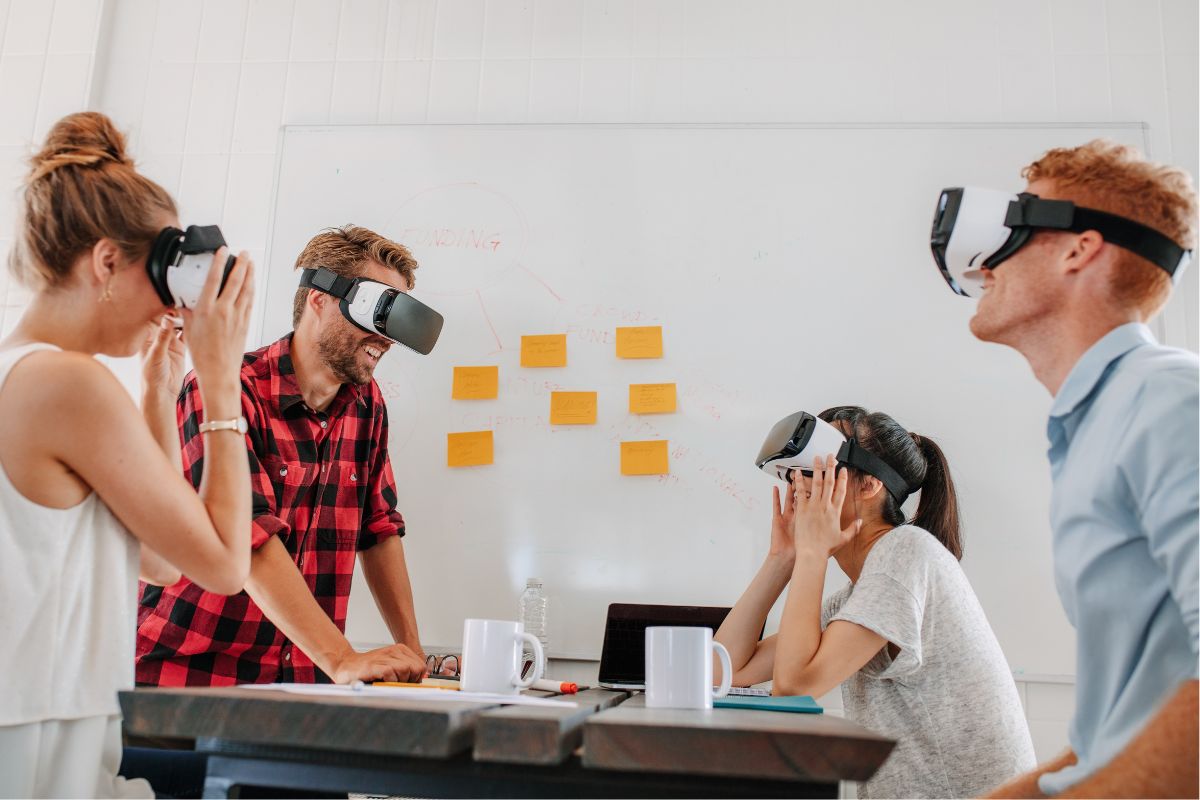 Students wearing VR headsets