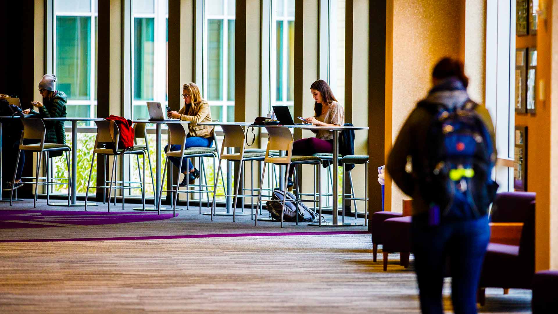 Students studying between classes in the skyway.