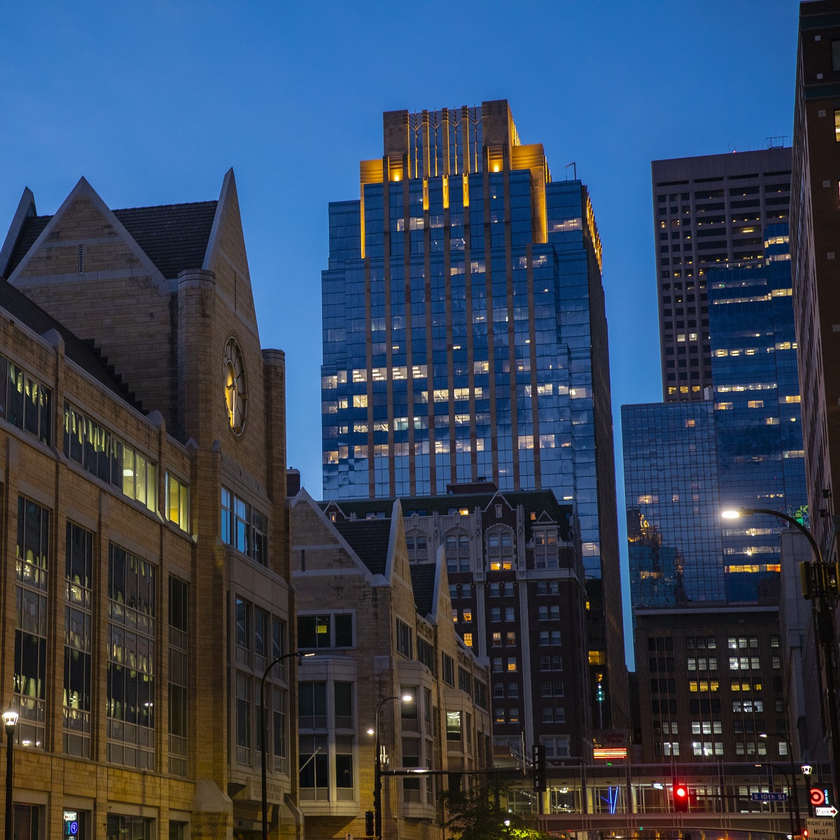 A nighttime photo of the exterior of the St. Thomas campus located in downtown Minneapolis.