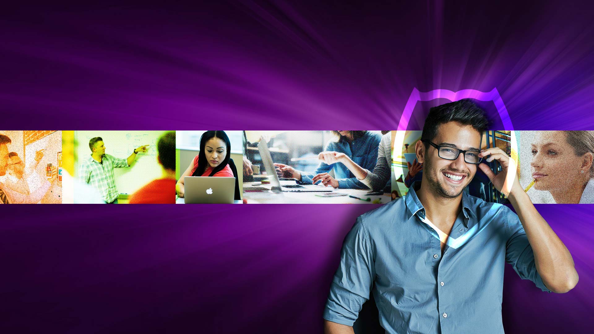 Compilation of students working or studying and in front of them is a man touching his eyeglasses frame.