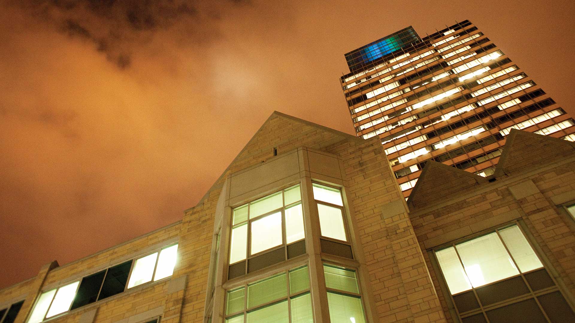 Building on the University of St. Thomas campus at night. 