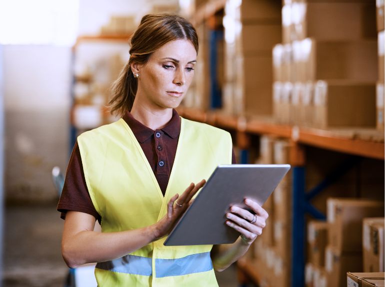 Woman in a warehouse holding a clipboard