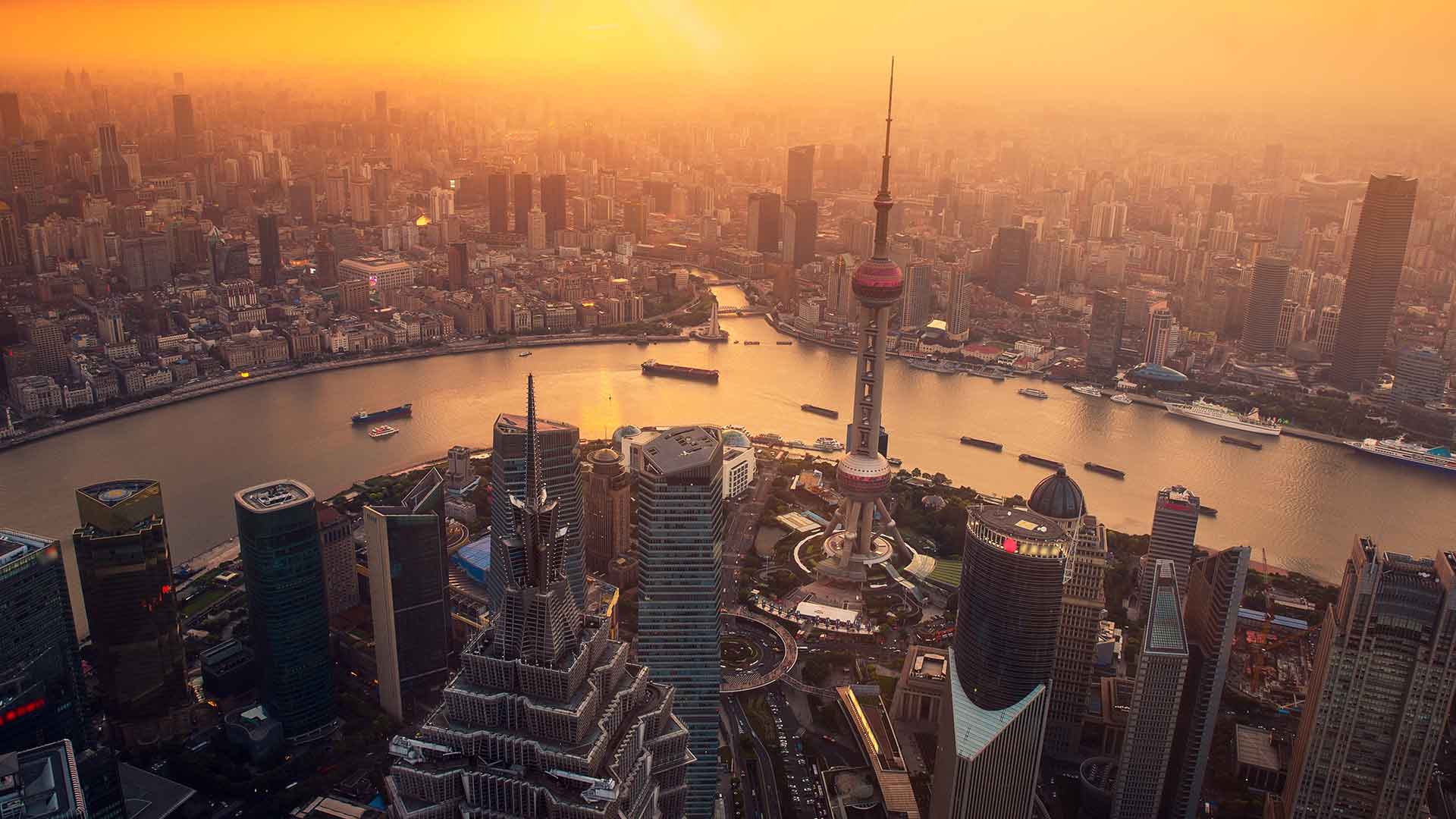 Aerial view of a skyline in Shanghai. 