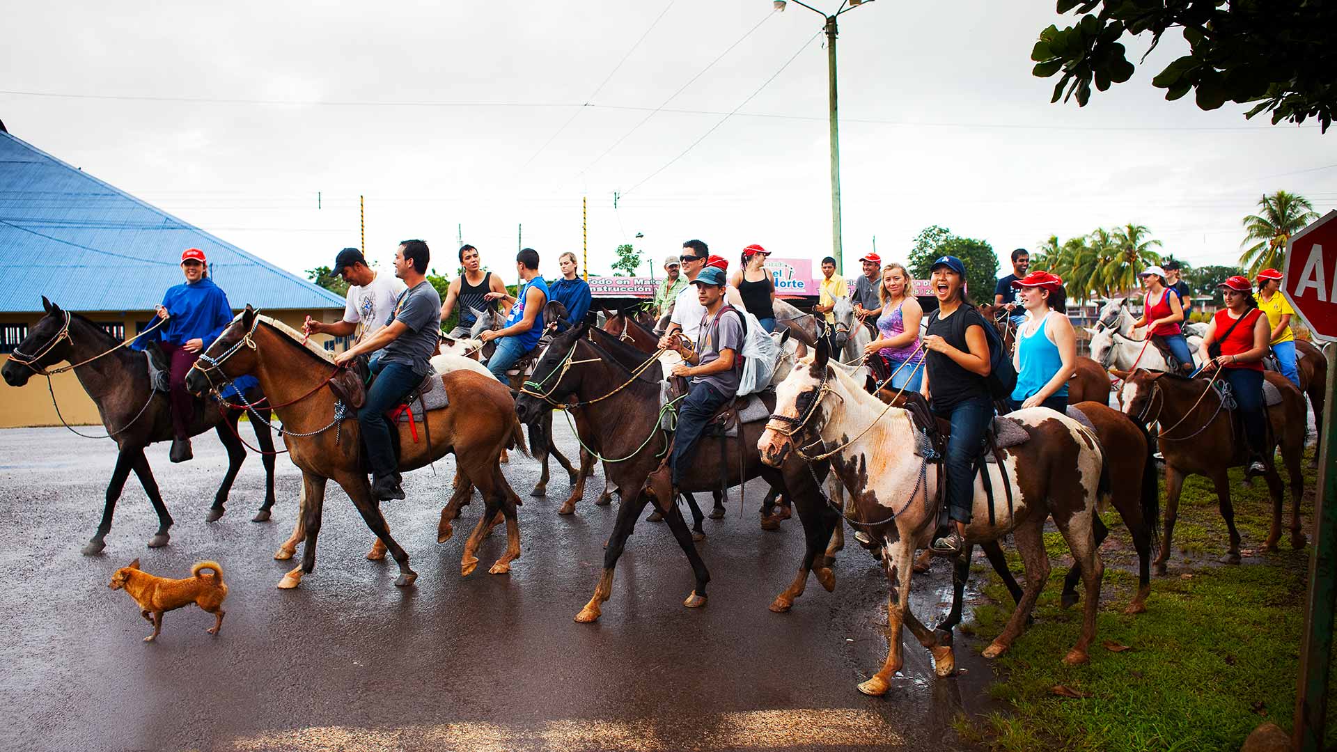 Students abroad ride horses through a Costa Rican town.
