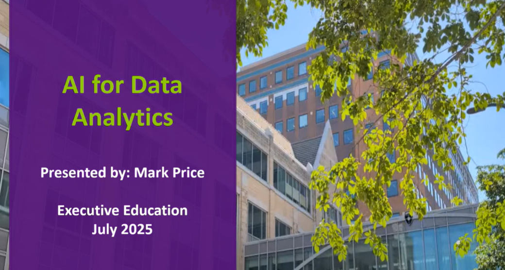 The introduction screen for the AI and Analytics Webinar featuring the date of the event, the title, and an image of the skyway in downtown Minneapolis. 