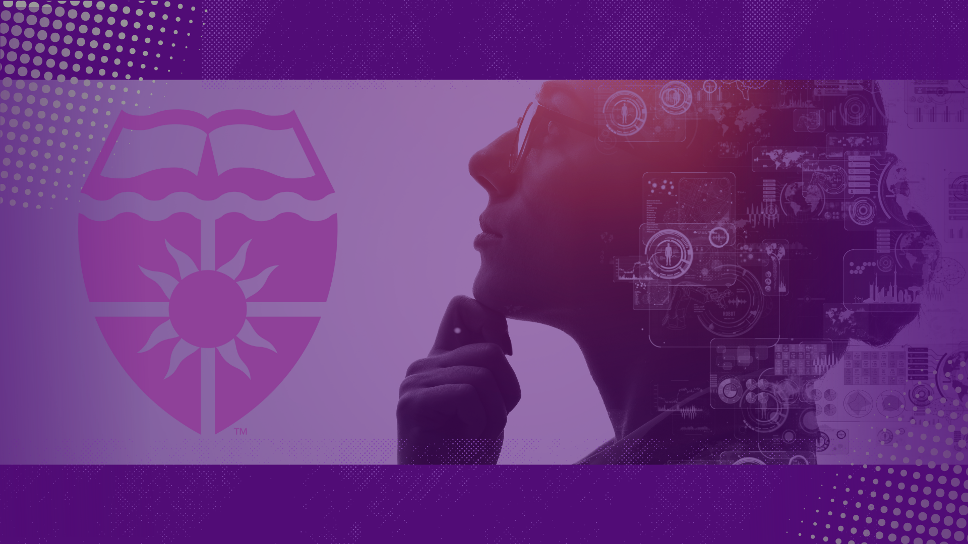 Purple-toned graphic featuring the University of St. Thomas shield on the left and a profile of a person in glasses on the right, overlaid with digital icons and data visuals, symbolizing technology and innovation.