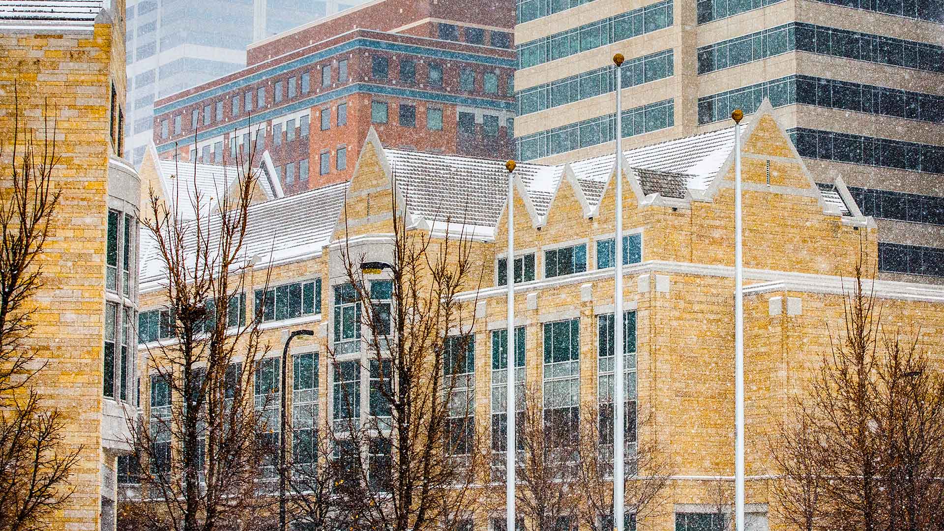 Terrence Murphy Hall pictured during a winter snowfall.
