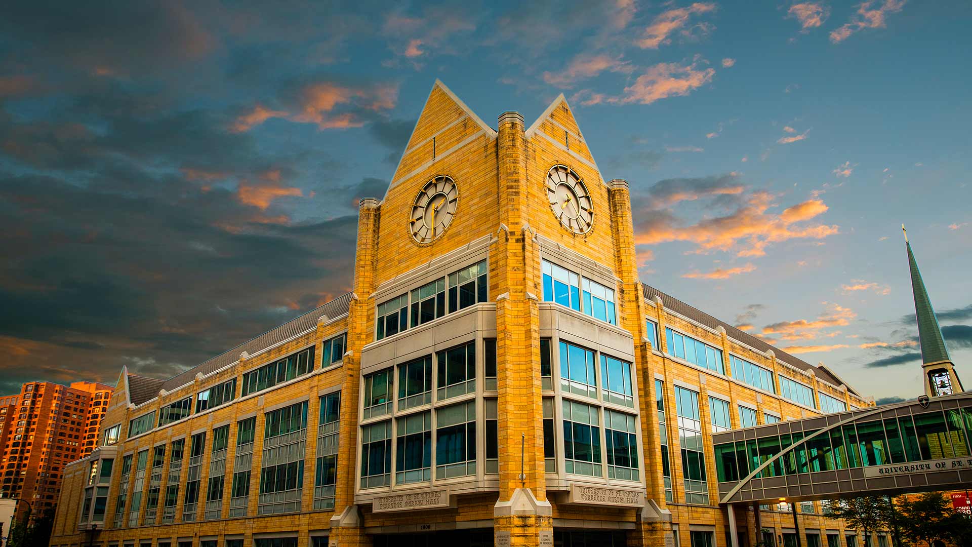 Terrence Murphy Hall at sunset.