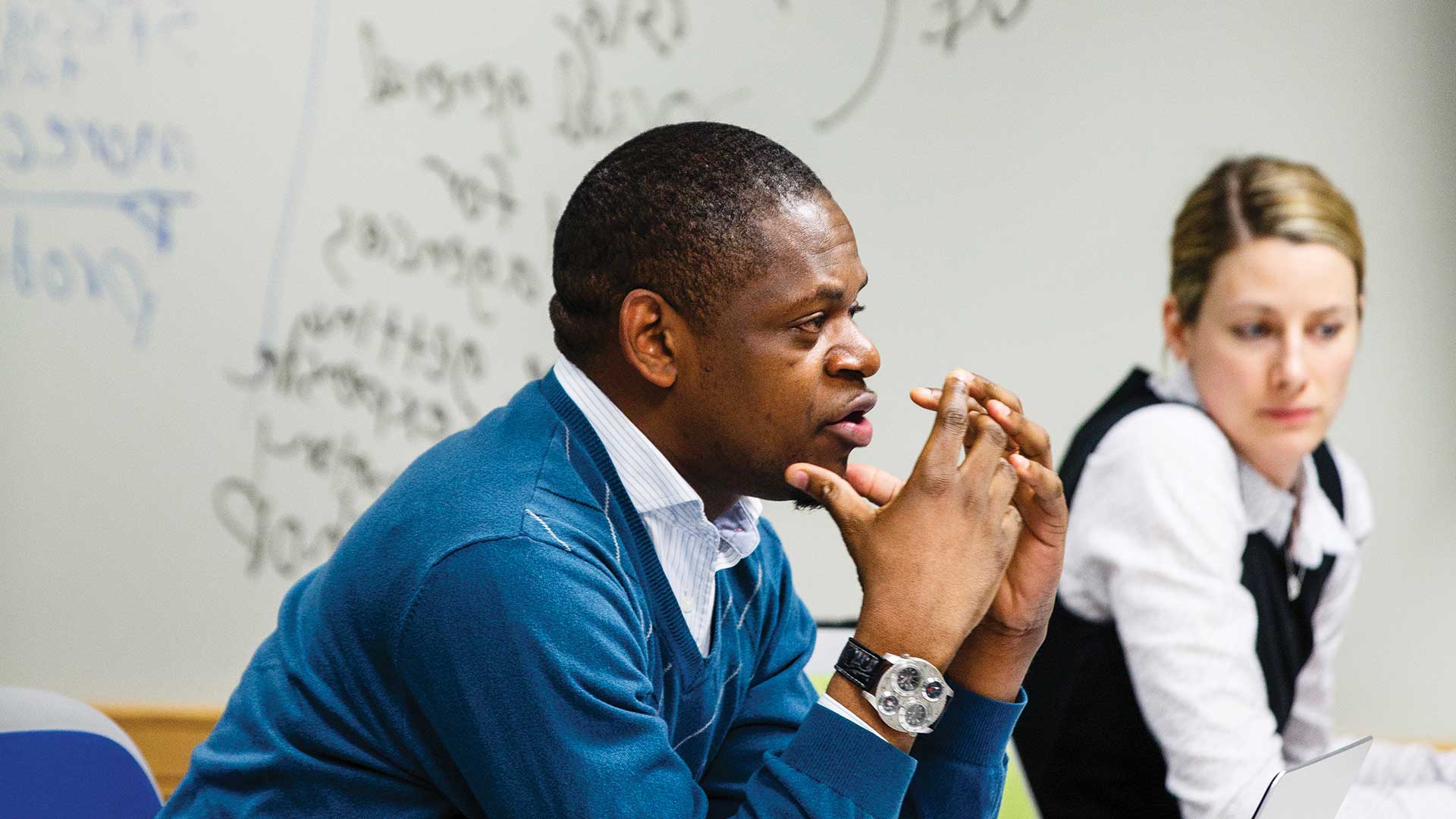 A student answers a question during adjunct faculty member Aaron Pearson's graduate-level Communication Technology class in a "smart classroom" in Terrence Murphy Hall.