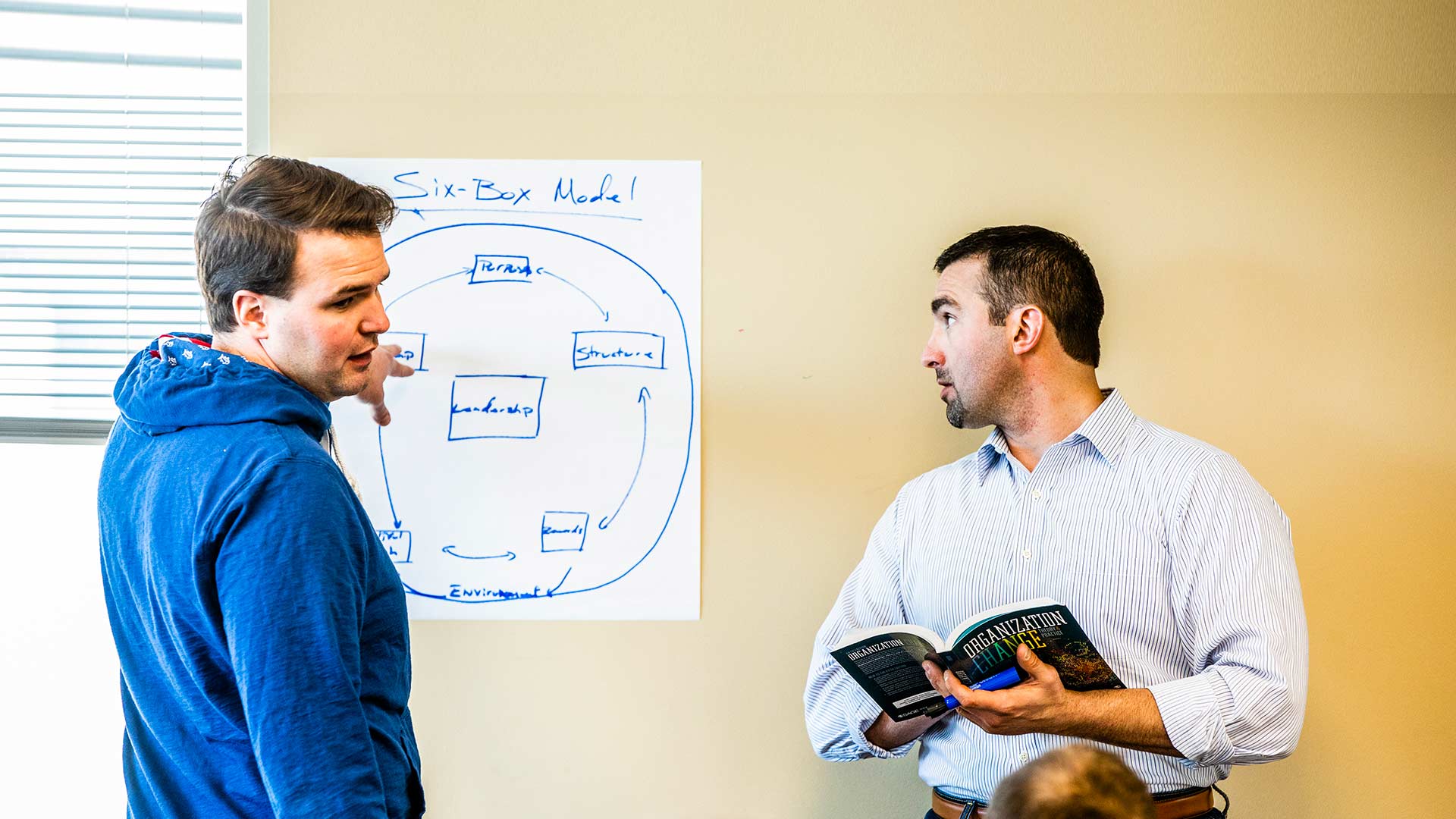 Students work on a group project during an Executive MBA Class in Schulze Hall in Minneapolis.