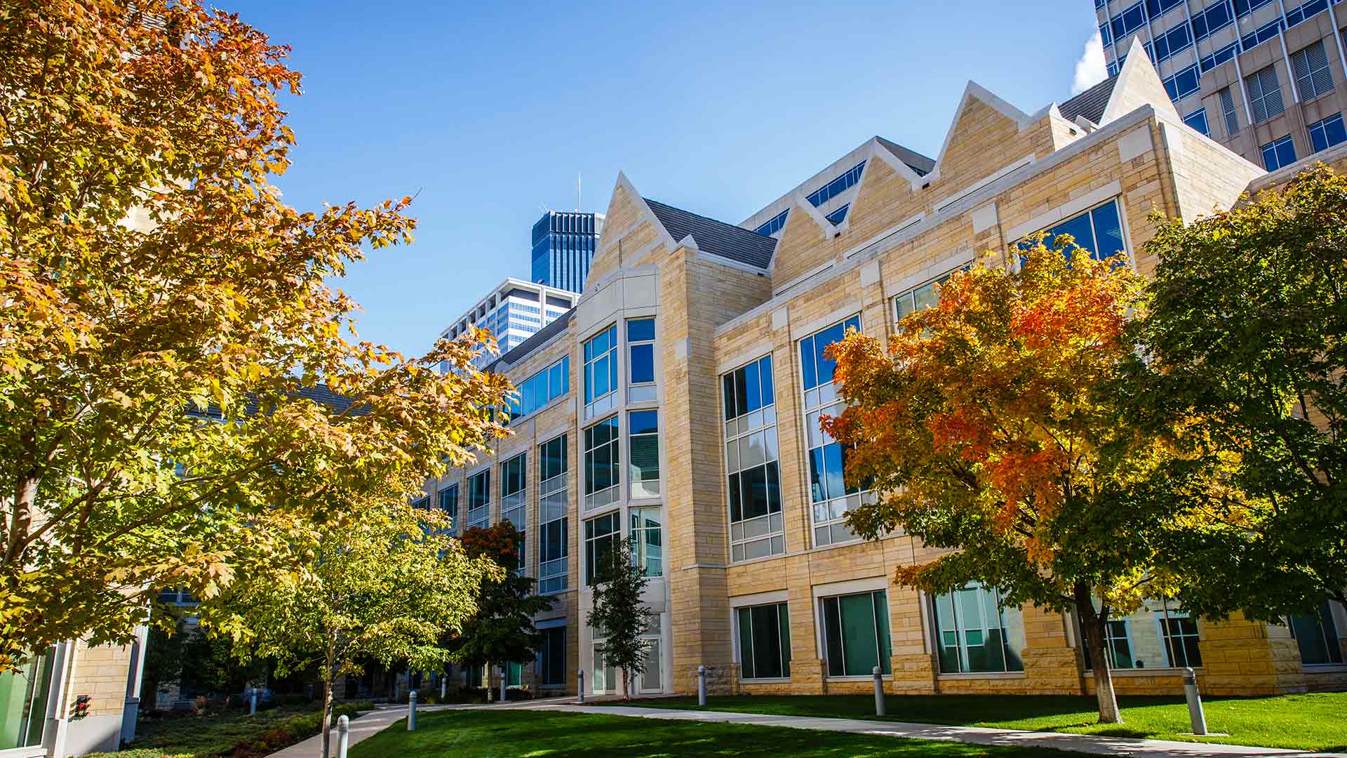 Terrence Murphy Hall on the Minneapolis Campus at the University of St. Thomas in the spring.