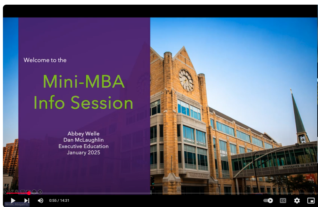 a view of st Thomas Minneapolis campus with details on the mini-MBA information session presenters