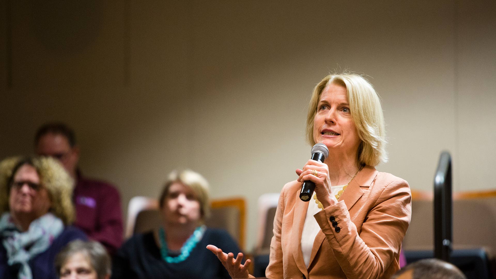 Laura Dunham, chair of the Entrepreneurship Department, speaks at an event.