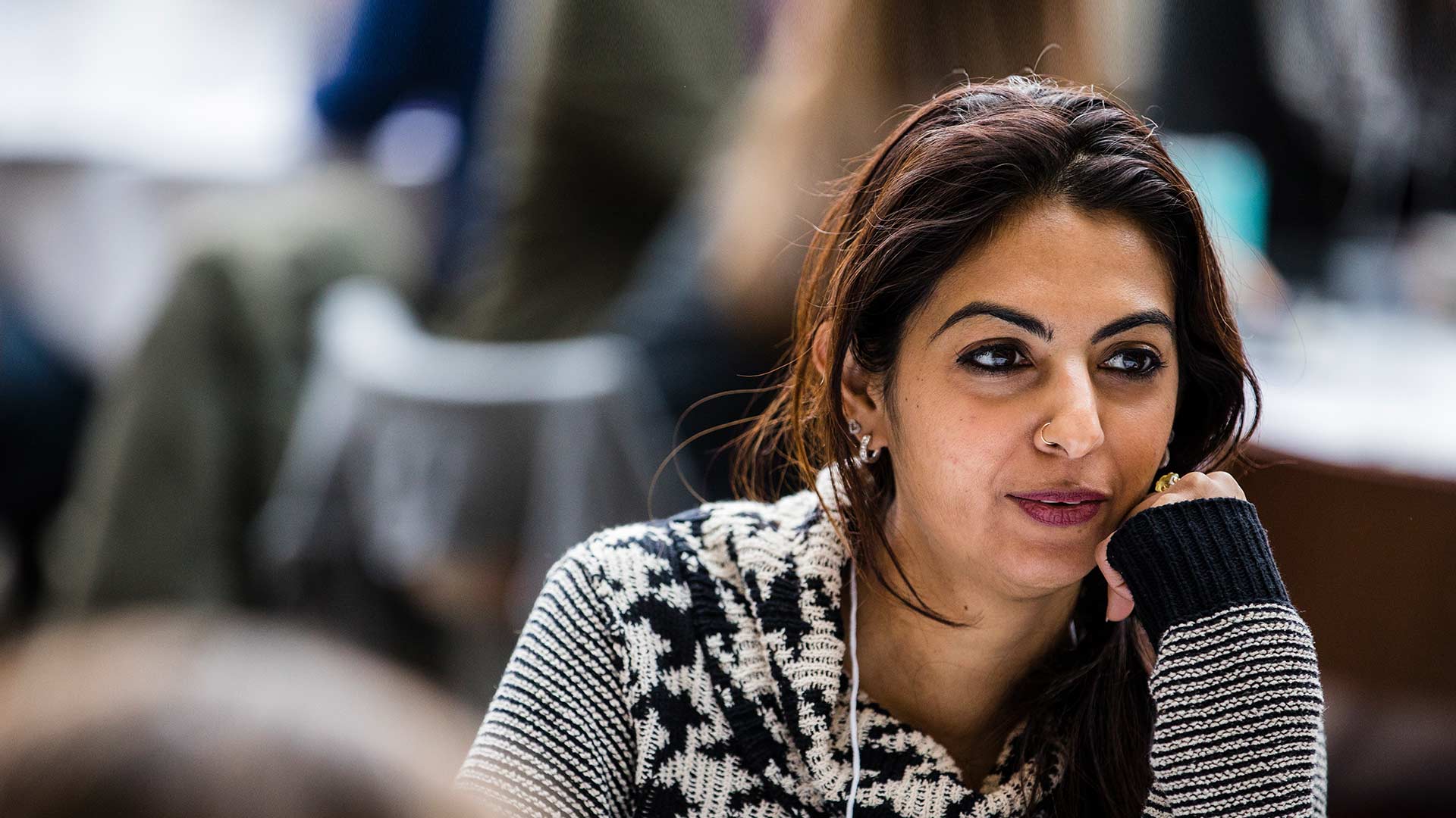 An attendee participates in a group discussion.