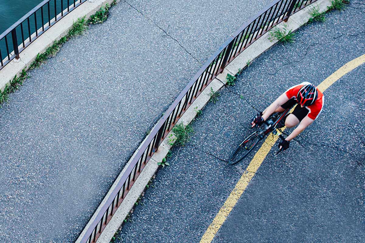 High angle view of person riding bicycle.