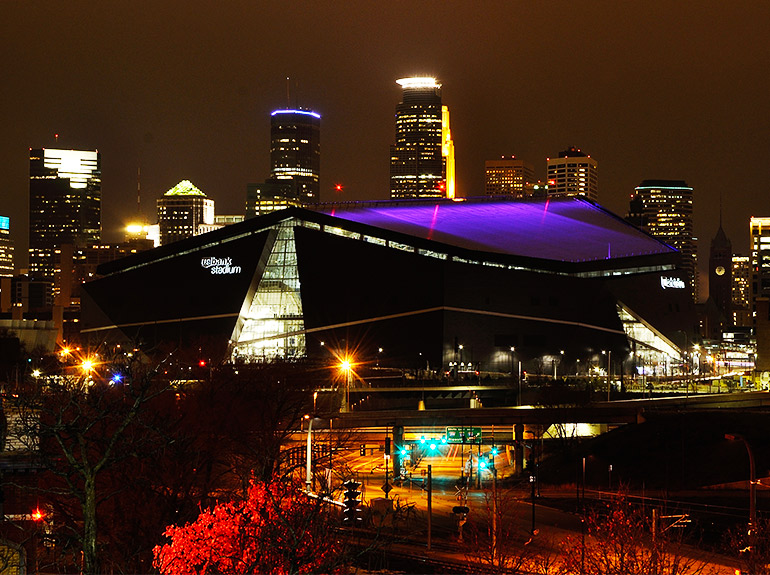 US Bank Stadium in Minneapolis at night.