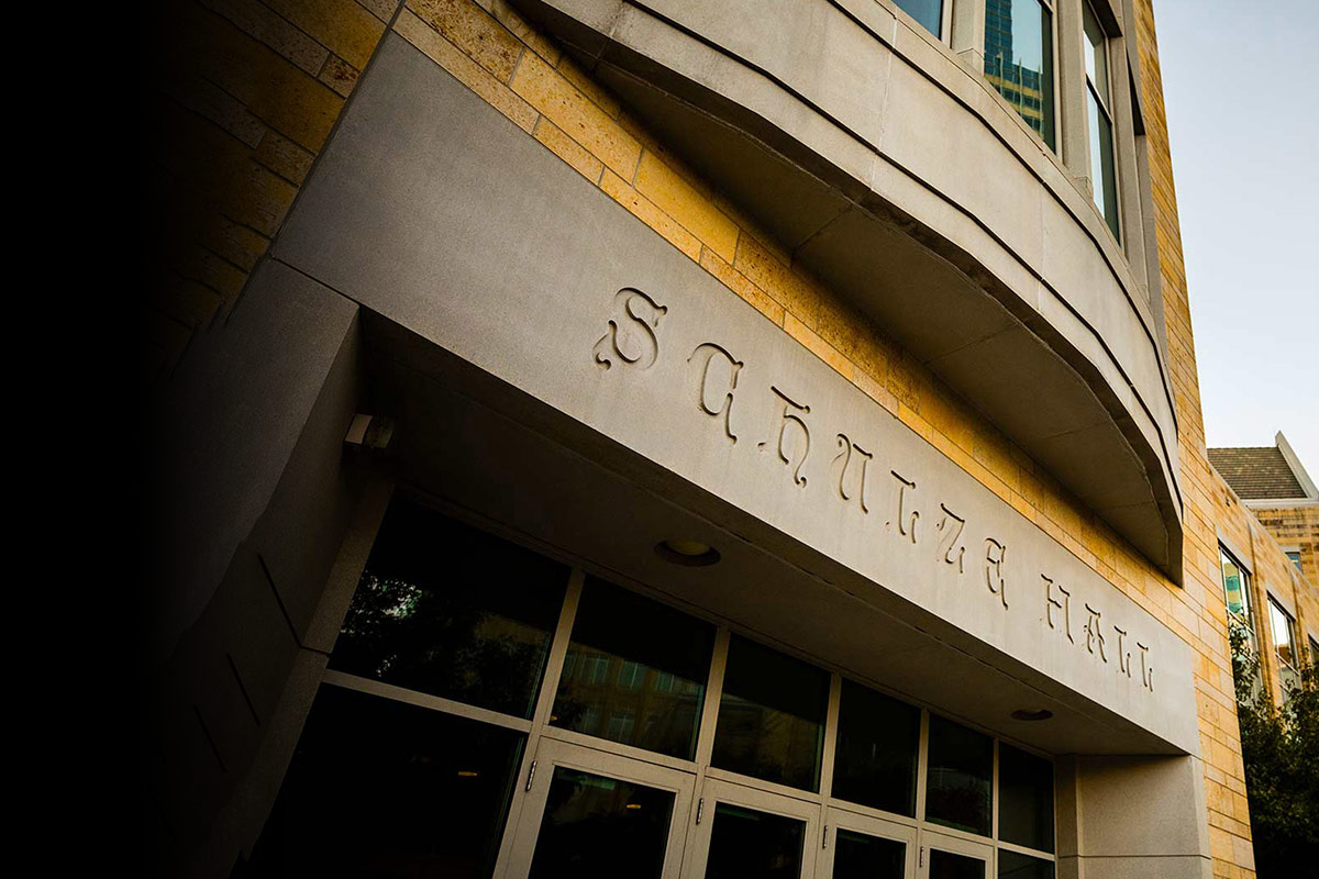 The sign and facade of Schulze Hall in Minneapolis.