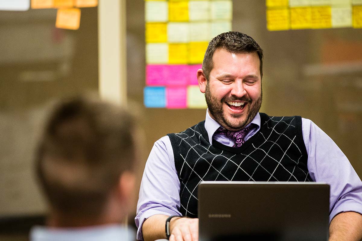 Part-time MBA students work on a group project in the fishbowl in Schulze Hall on November 29, 2016, in Minneapolis.