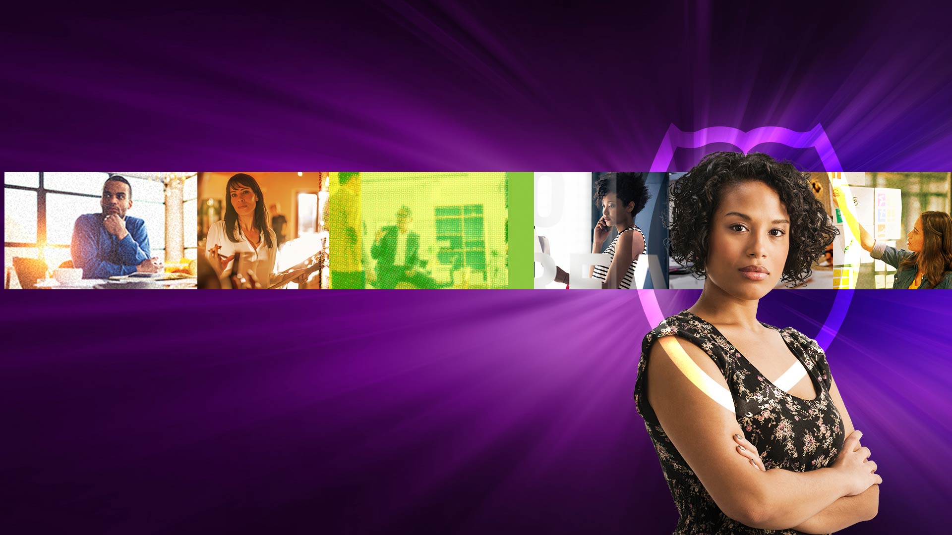 Compilation of leaders or managers working with others and in front of them is a female business professional with her arms crossed.