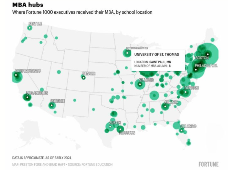 Map of United States of MBA hub cities