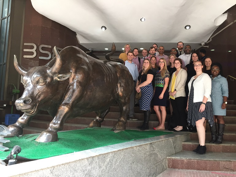Group of Opus College of Business students pose at the Bombay Stock Exchange.